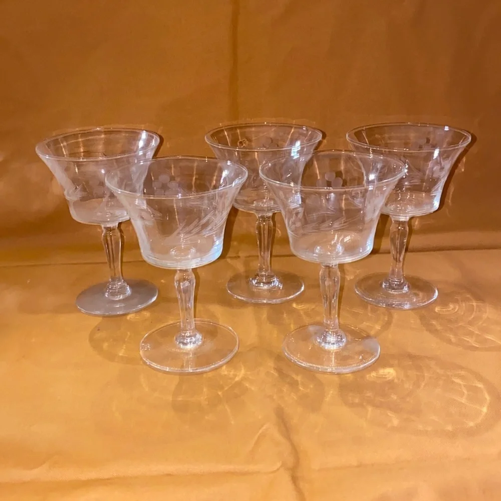 Vintage Set of 4 plus one crystal small glasses 4 1/3” tall